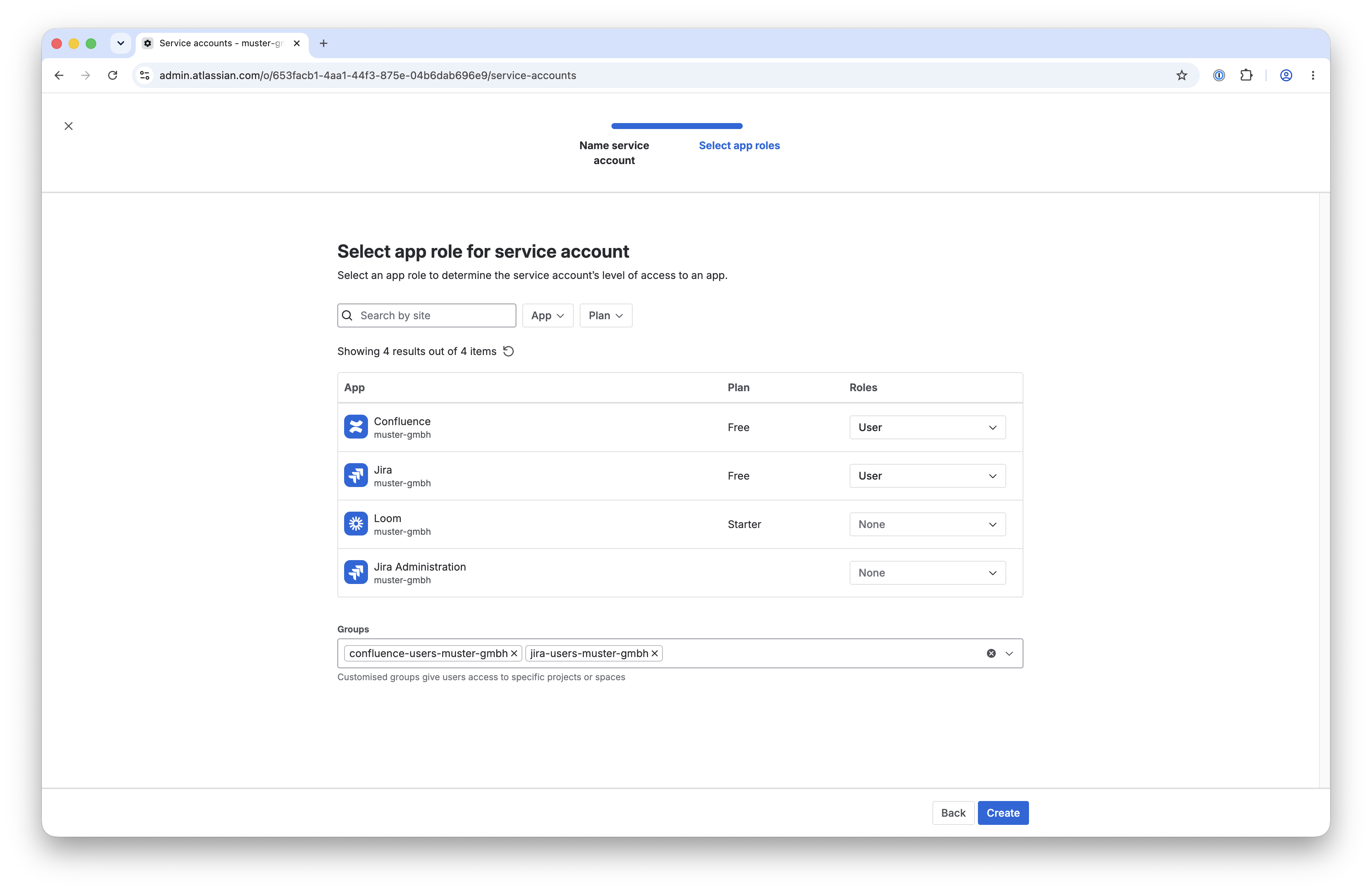 Dialog „Select app role for service account" mit User-Rollen für Confluence und Jira sowie zugewiesenen Gruppen