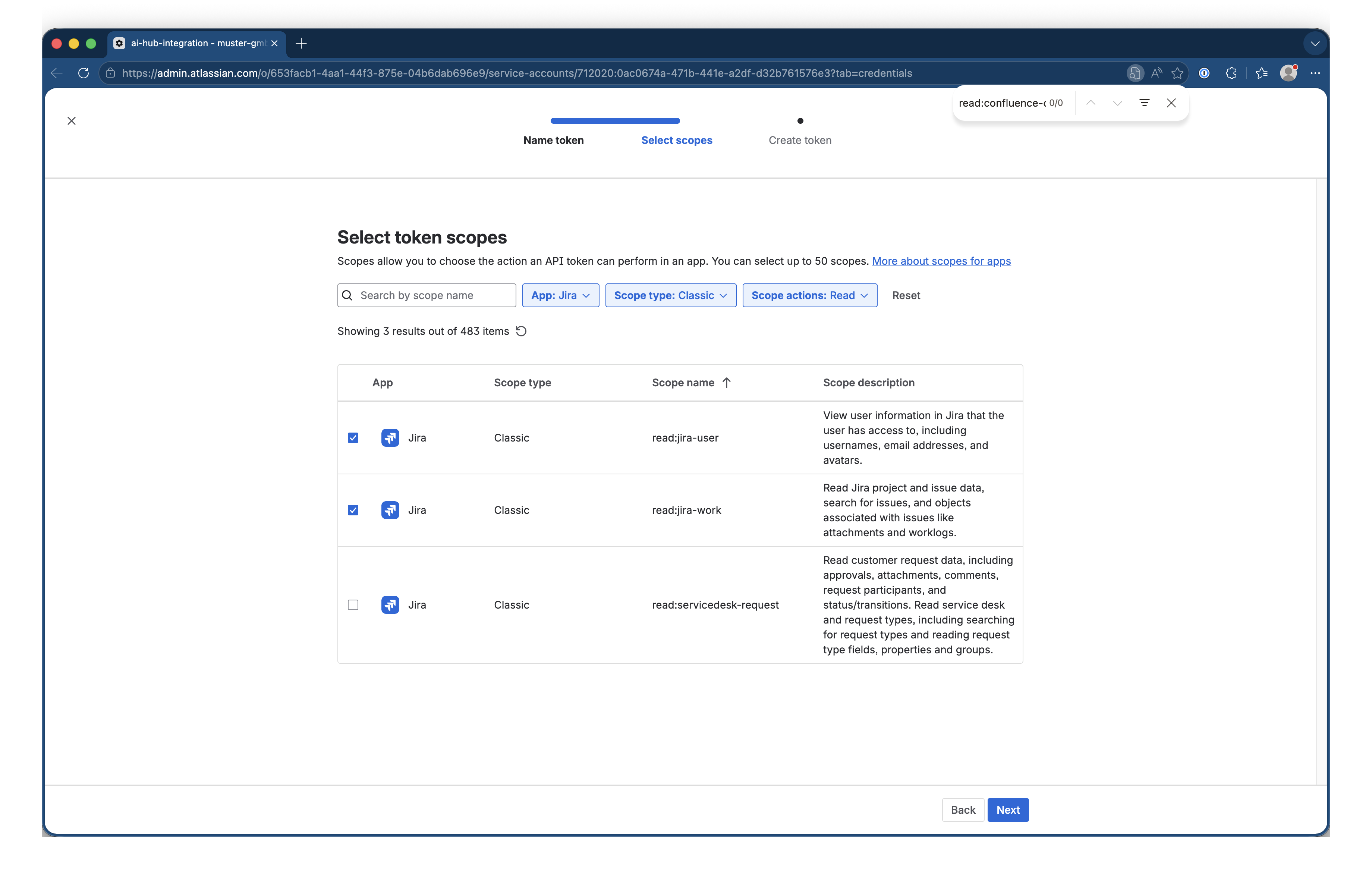 Scope-Auswahl für Jira mit den ausgewählten Lese-Scopes read und read