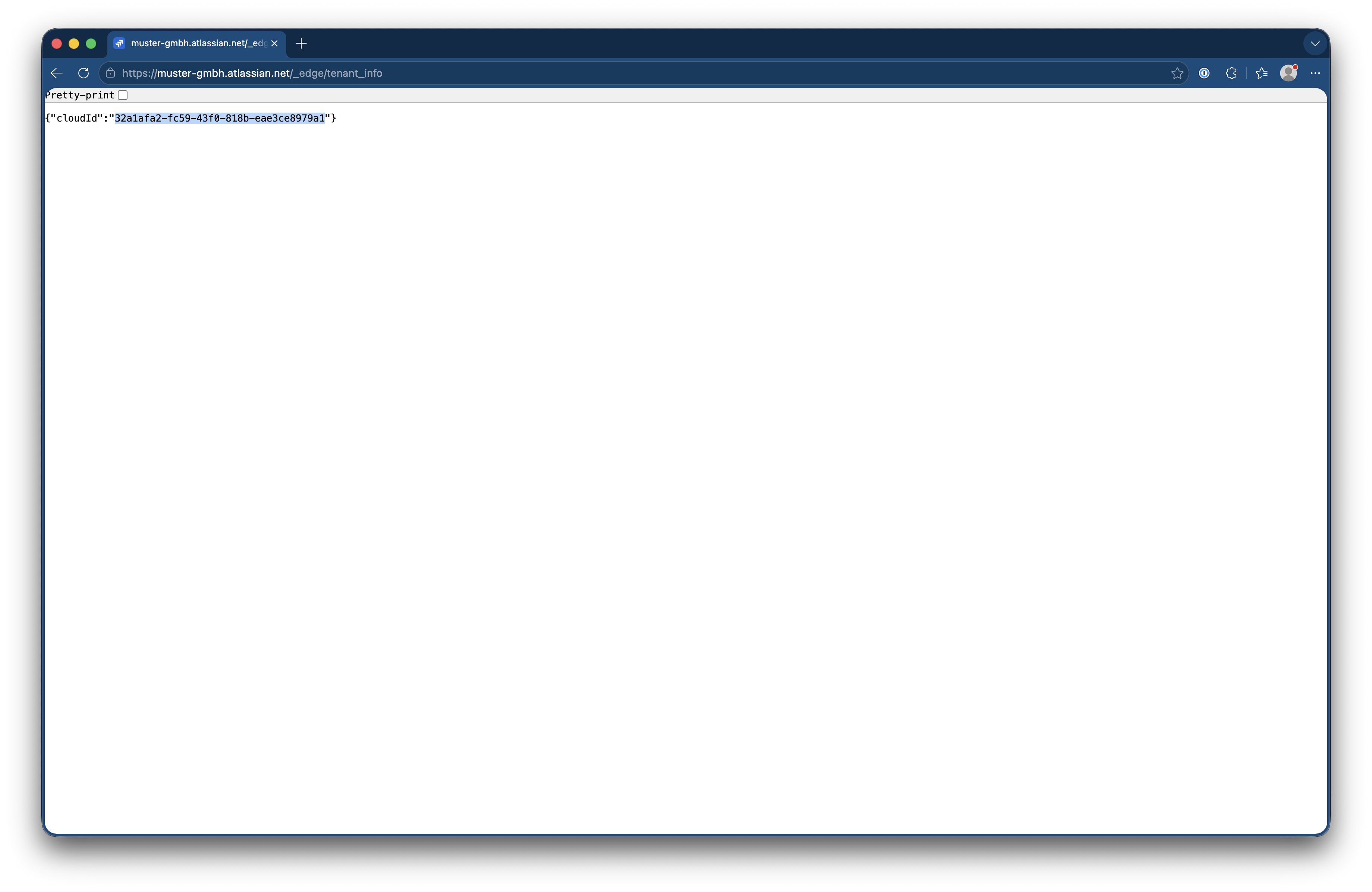 Browser zeigt die JSON-Antwort von /_edge/tenant_info mit dem Feld cloudId