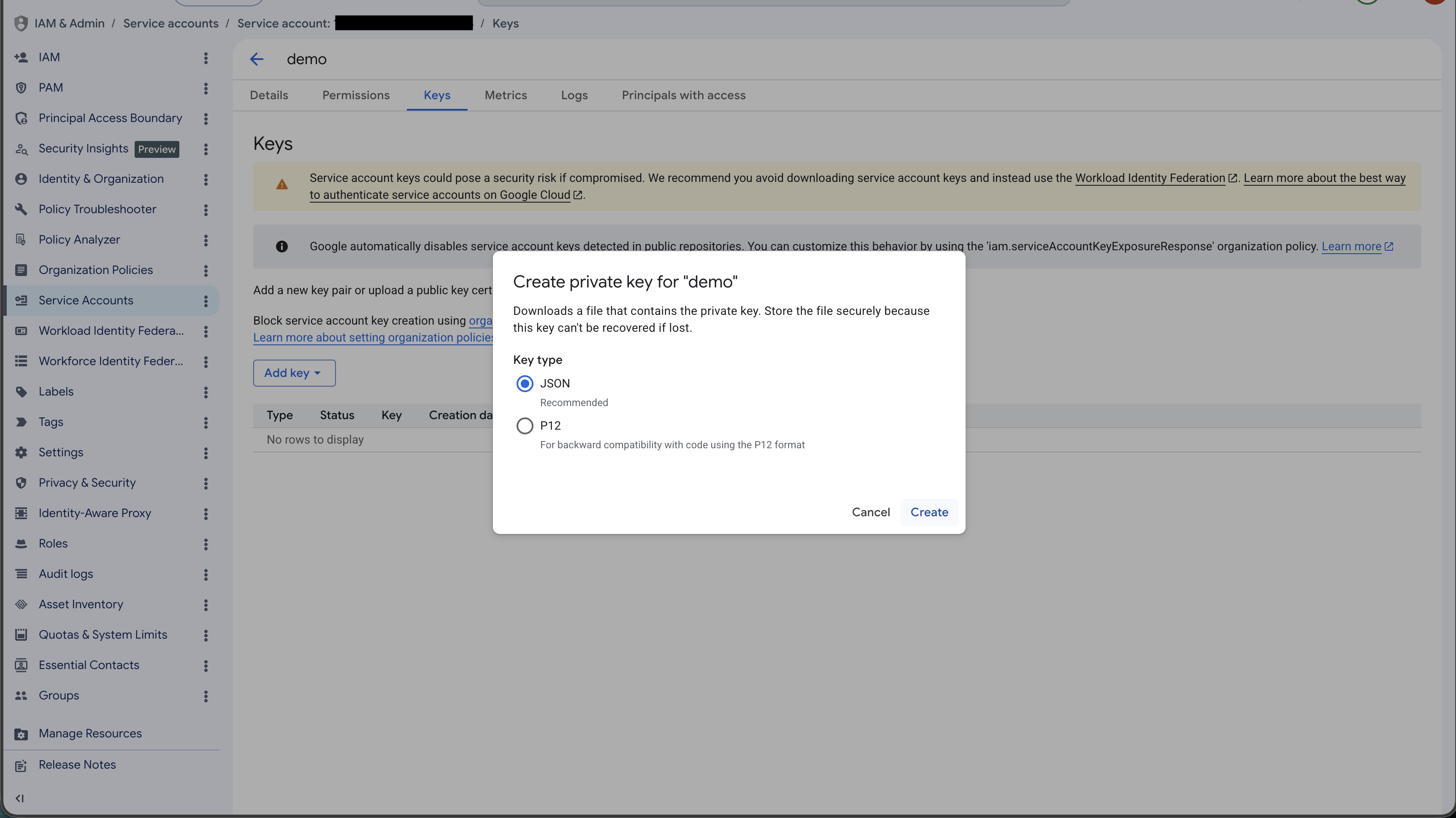 Dialog zur Auswahl des Schlüsselformats mit ausgewähltem Format JSON